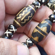 Burmese Pumtek Petrified Wood Bead Necklace: South Asian Dzi Patterns