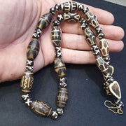 Burmese Pumtek Petrified Wood Bead Necklace: South Asian Dzi Patterns