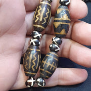 Burmese Pumtek Petrified Wood Bead Necklace: South Asian Dzi Patterns