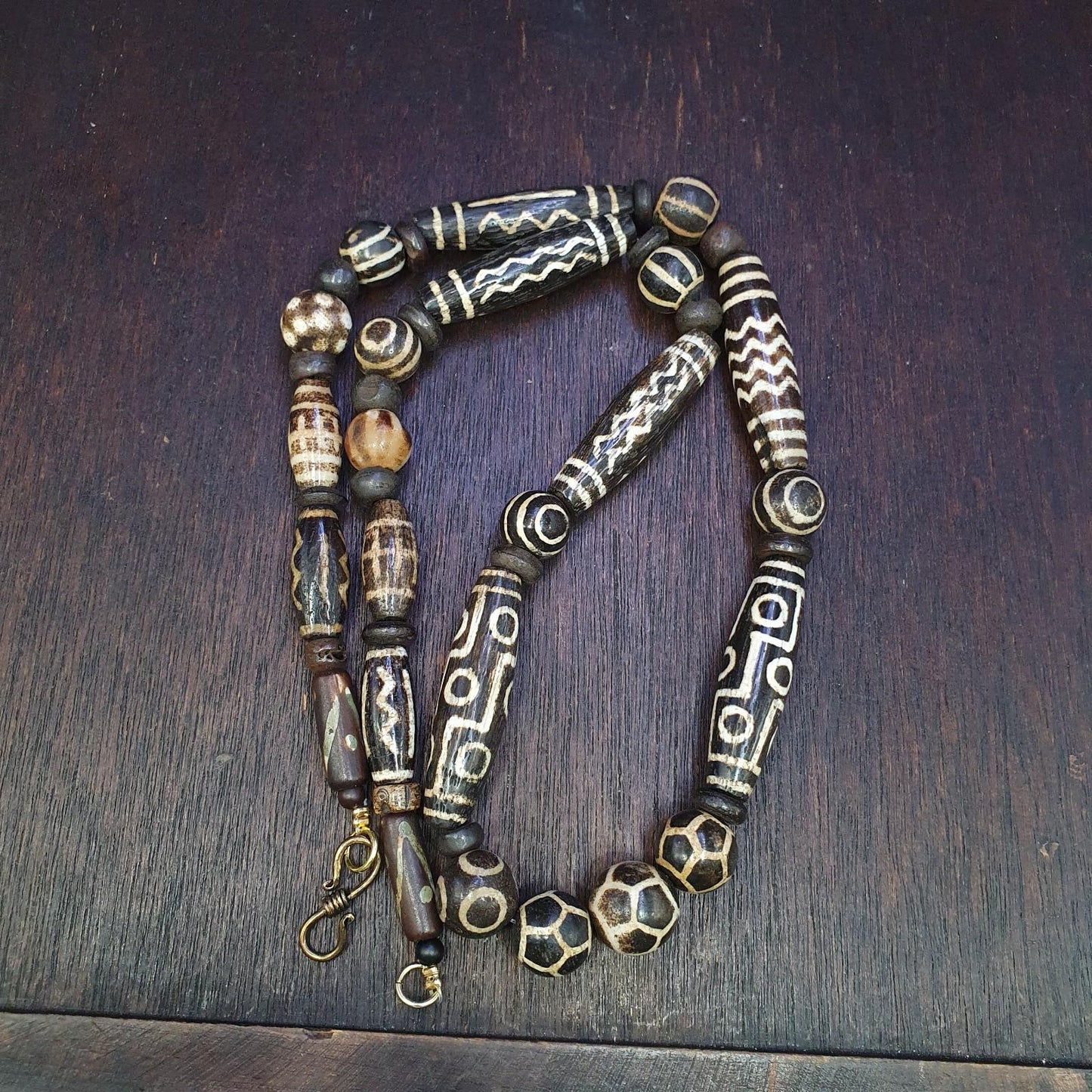 Antique south asian burmese pumtek pyu dzi 9 eyes rare patters beaded necklace