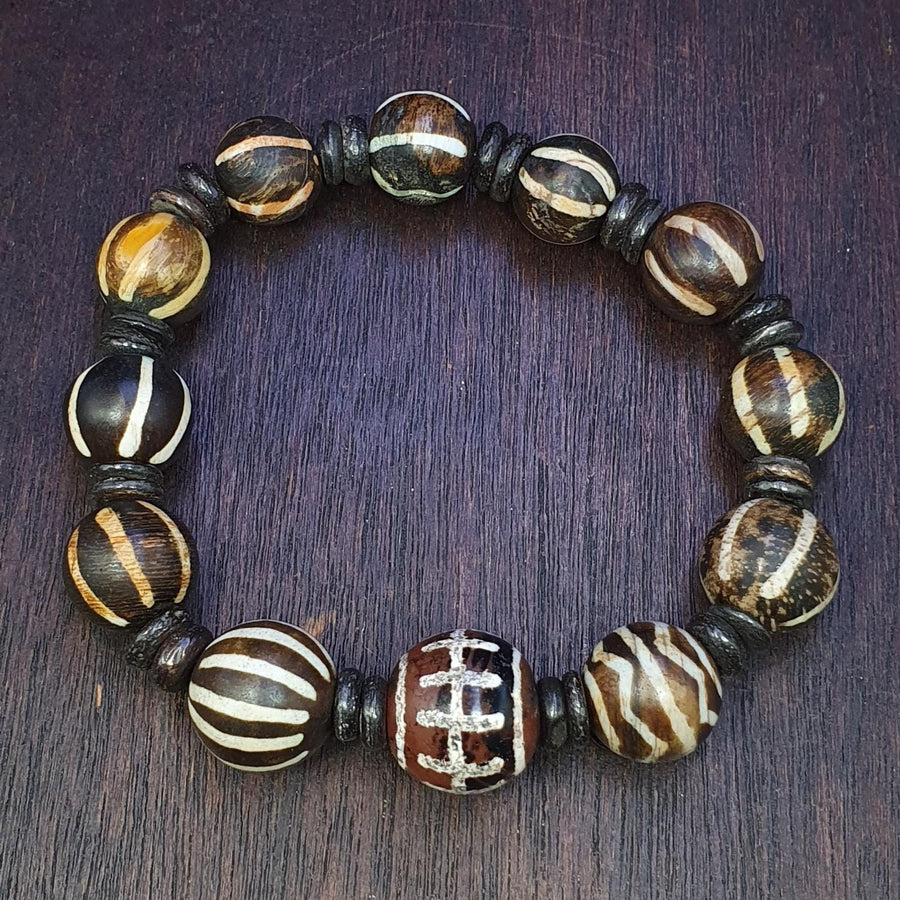 Antique Agate With, South Asian Burmese Pumtek Bracelet, Decorated Stone Beads | Petrified Wood Accent | Adjustable