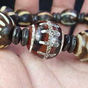 Antique Agate With, South Asian Burmese Pumtek Bracelet, Decorated Stone Beads | Petrified Wood Accent | Adjustable