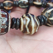 Antique Agate With, South Asian Burmese Pumtek Bracelet, Decorated Stone Beads | Petrified Wood Accent | Adjustable