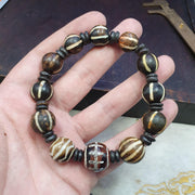 Antique Agate With, South Asian Burmese Pumtek Bracelet, Decorated Stone Beads | Petrified Wood Accent | Adjustable