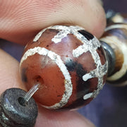 Antique Agate With, South Asian Burmese Pumtek Bracelet, Decorated Stone Beads | Petrified Wood Accent | Adjustable