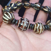 Antique Agate With, South Asian Burmese Pumtek Bracelet, Decorated Stone Beads | Petrified Wood Accent | Adjustable