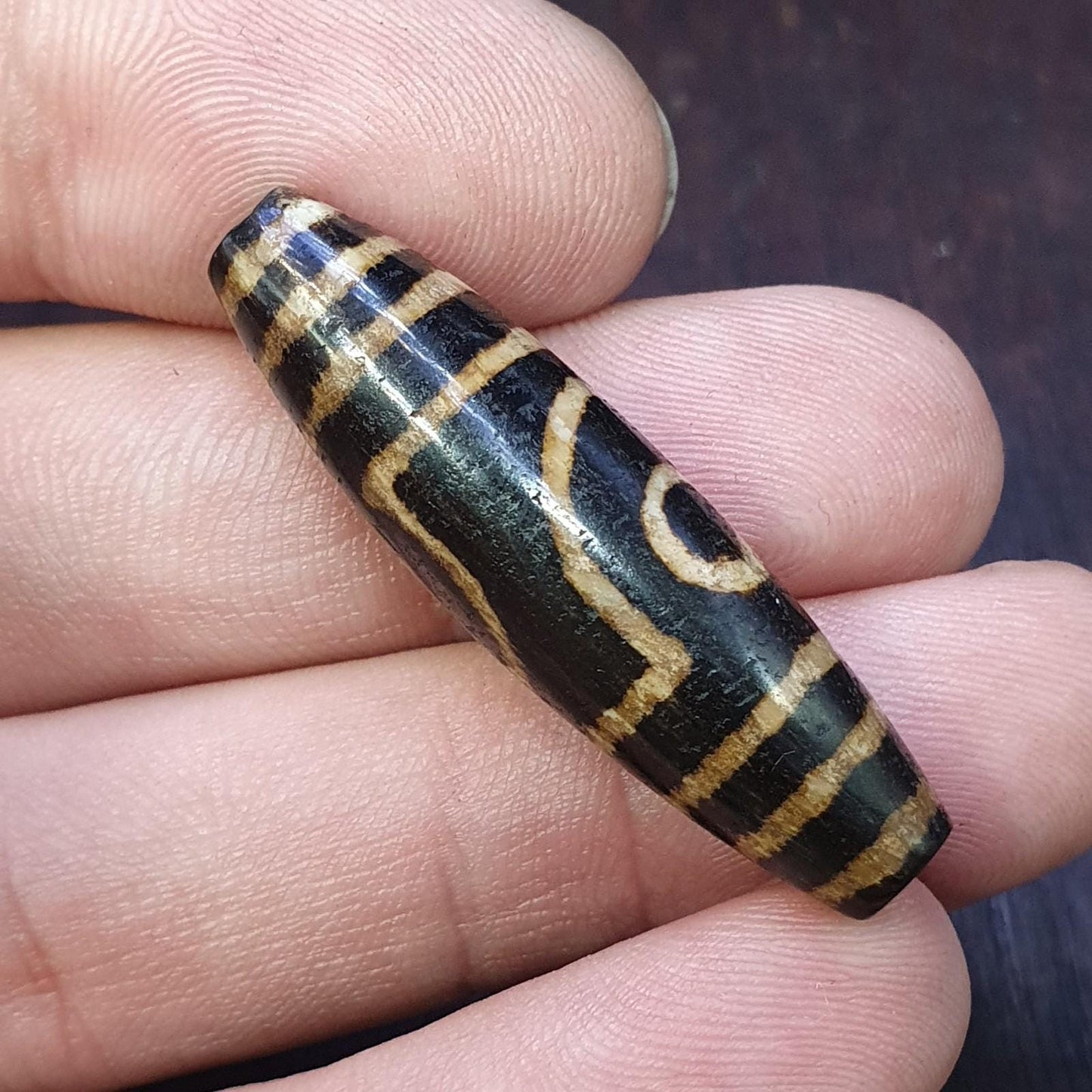 Dzi 2 eyes pattern asian burmese old pumtek petrified wood stone bead
