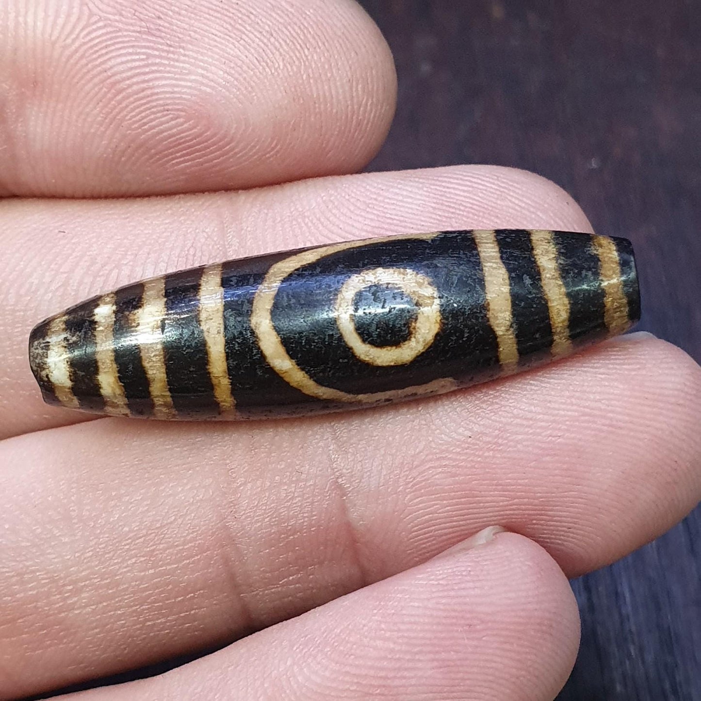 Dzi 2 eyes pattern asian burmese old pumtek petrified wood stone bead