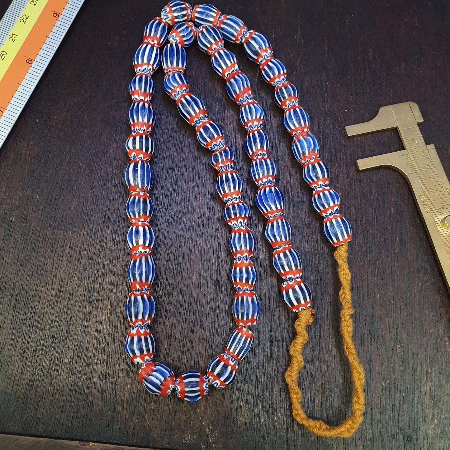 Vintage blue red chevron venetian style multilayers 11mm glass beads necklace