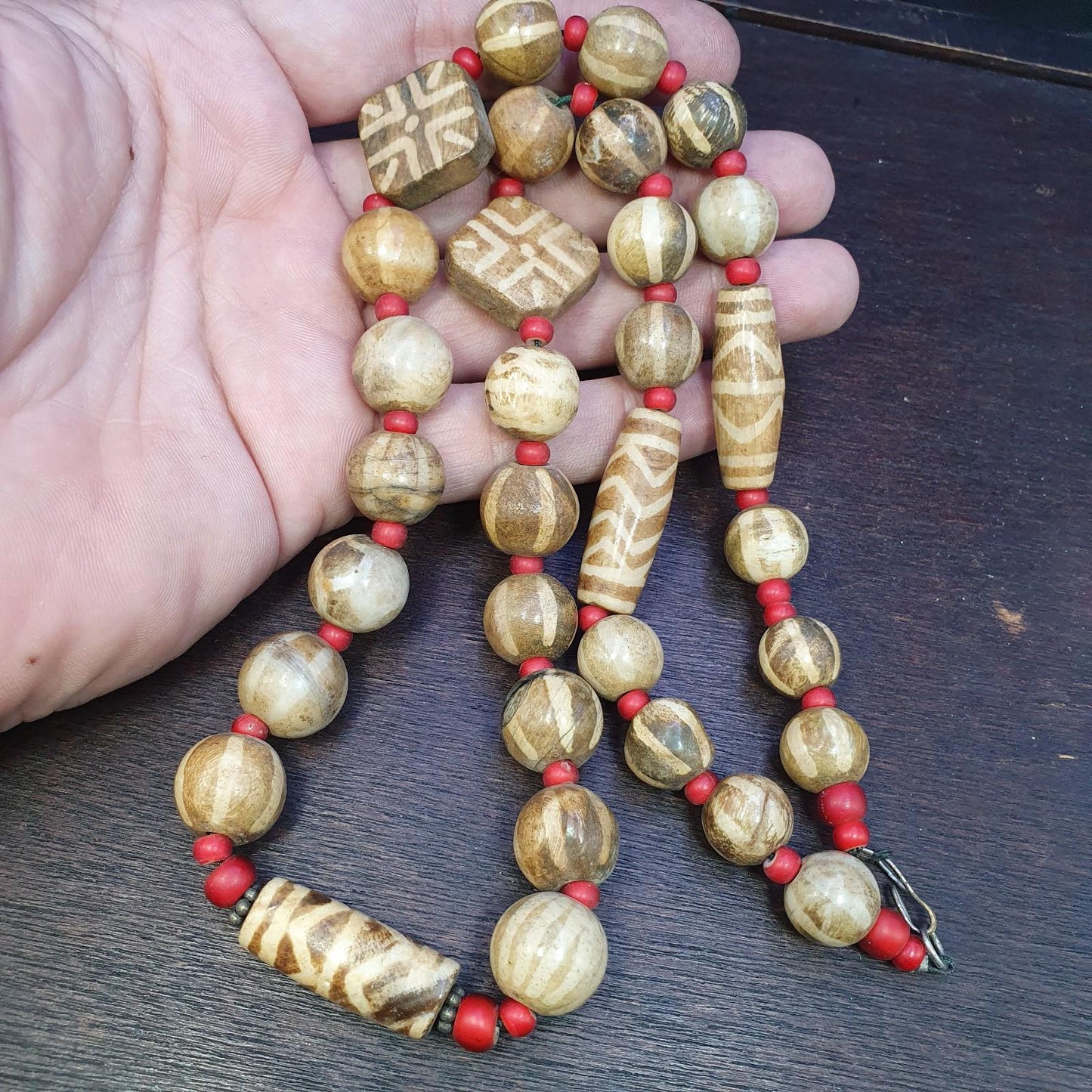 Vintage asian burmese old pumtek petrified wood stone beads necklace