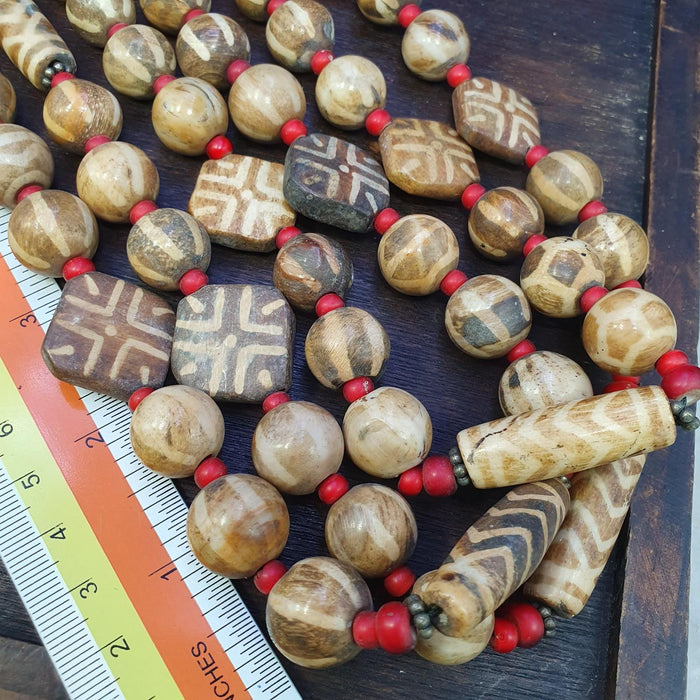 Asian Burmese Old Pumtek Petrified Wood Stone Beads Long Necklace Unique Pattern