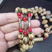 Asian burmese old pumtek petrified wood stone beads long necklace unique pattern