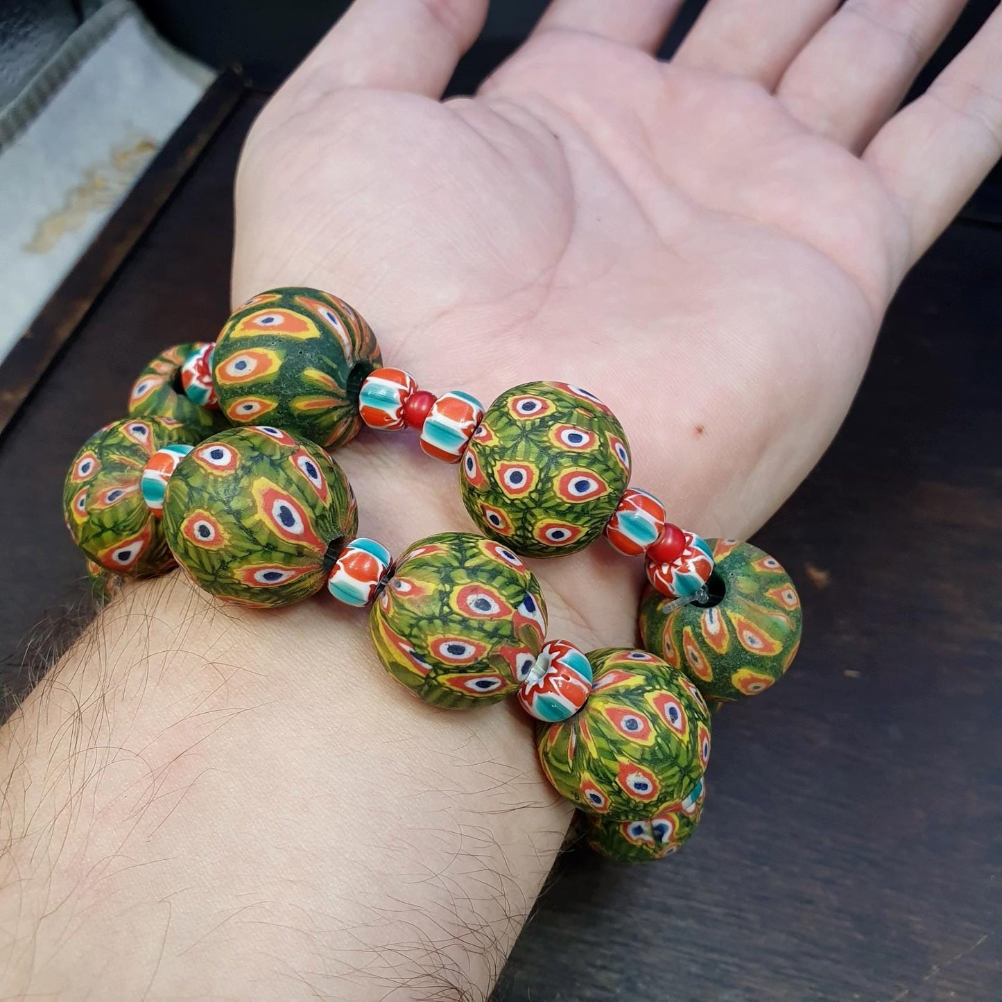 Vintage African Green Gabri Beads Bracelets: Hundred Eyes Design
