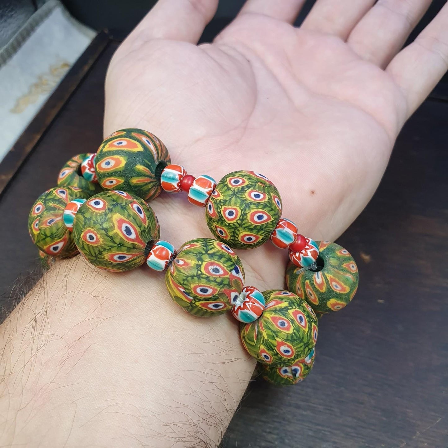 Vintage African Green Gabri Beads Bracelets: Hundred Eyes Design