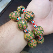 Green Gabri Beads, Vintage African Style Bracelets | Antique Glass, Pair Of Strands - Hundred Eyes Motif