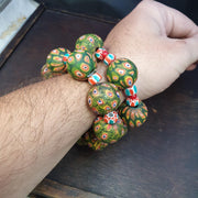 Green Gabri Beads, Vintage African Style Bracelets | Antique Glass, Pair Of Strands - Hundred Eyes Motif