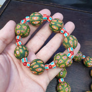 Green Gabri Beads, Vintage African Style Bracelets | Antique Glass, Pair Of Strands - Hundred Eyes Motif