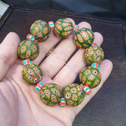 Green Gabri Beads, Vintage African Style Bracelets | Antique Glass, Pair Of Strands - Hundred Eyes Motif
