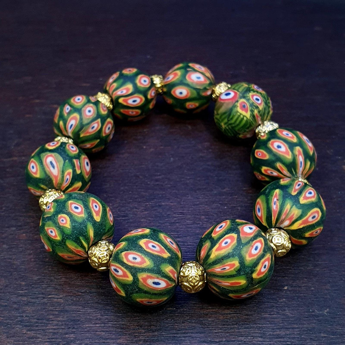 Green Gabri Style, Vintage Hundred Eyes Bead Bracelet | Round Glass Beads | Unisex Standard Size