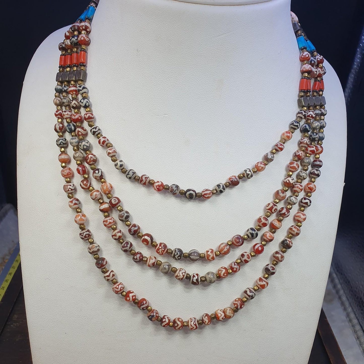 Antique etched agate decorated carnelian coral tuquoise beads necklace