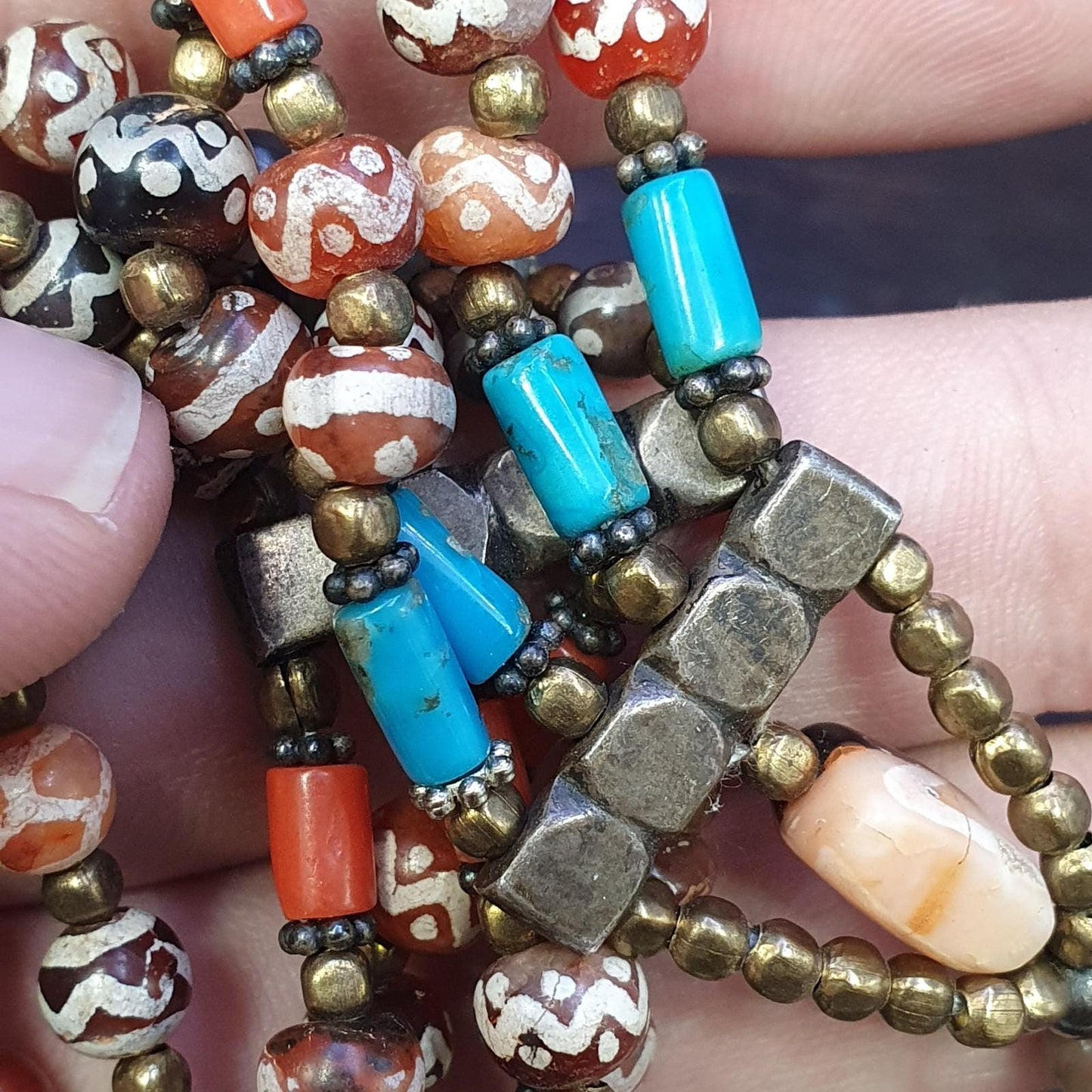 Antique etched agate decorated carnelian coral tuquoise beads necklace