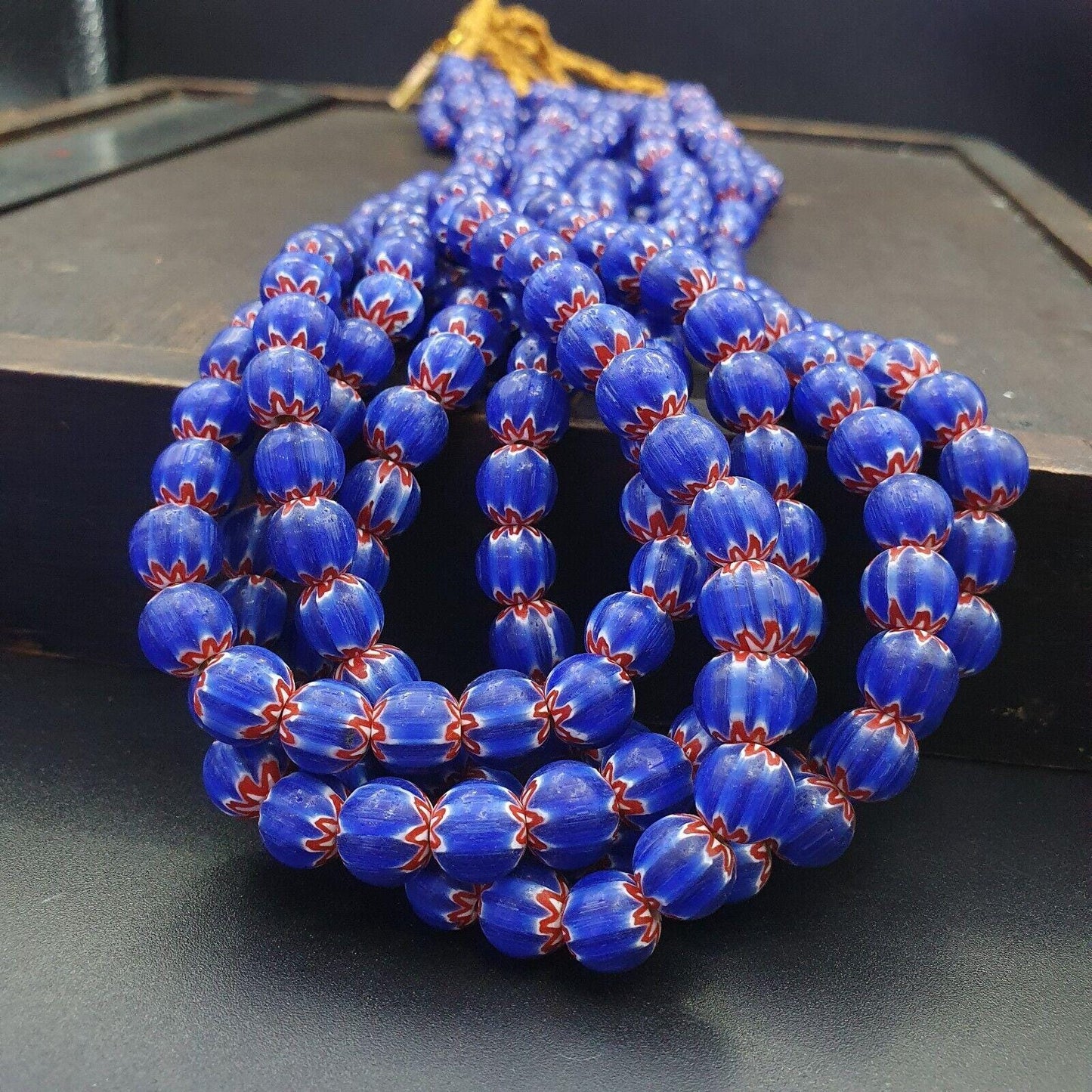 Vintage Blue Chevron Trade Bead Necklace, 24 Inch African Glass Beads