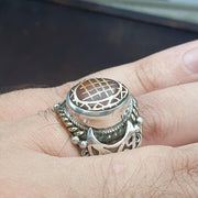 Antique tibetan etched agate Carnelian stone silver inlay gold plated brass ring .