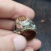 Antique tibetan etched agate Carnelian stone silver inlay gold plated brass ring .
