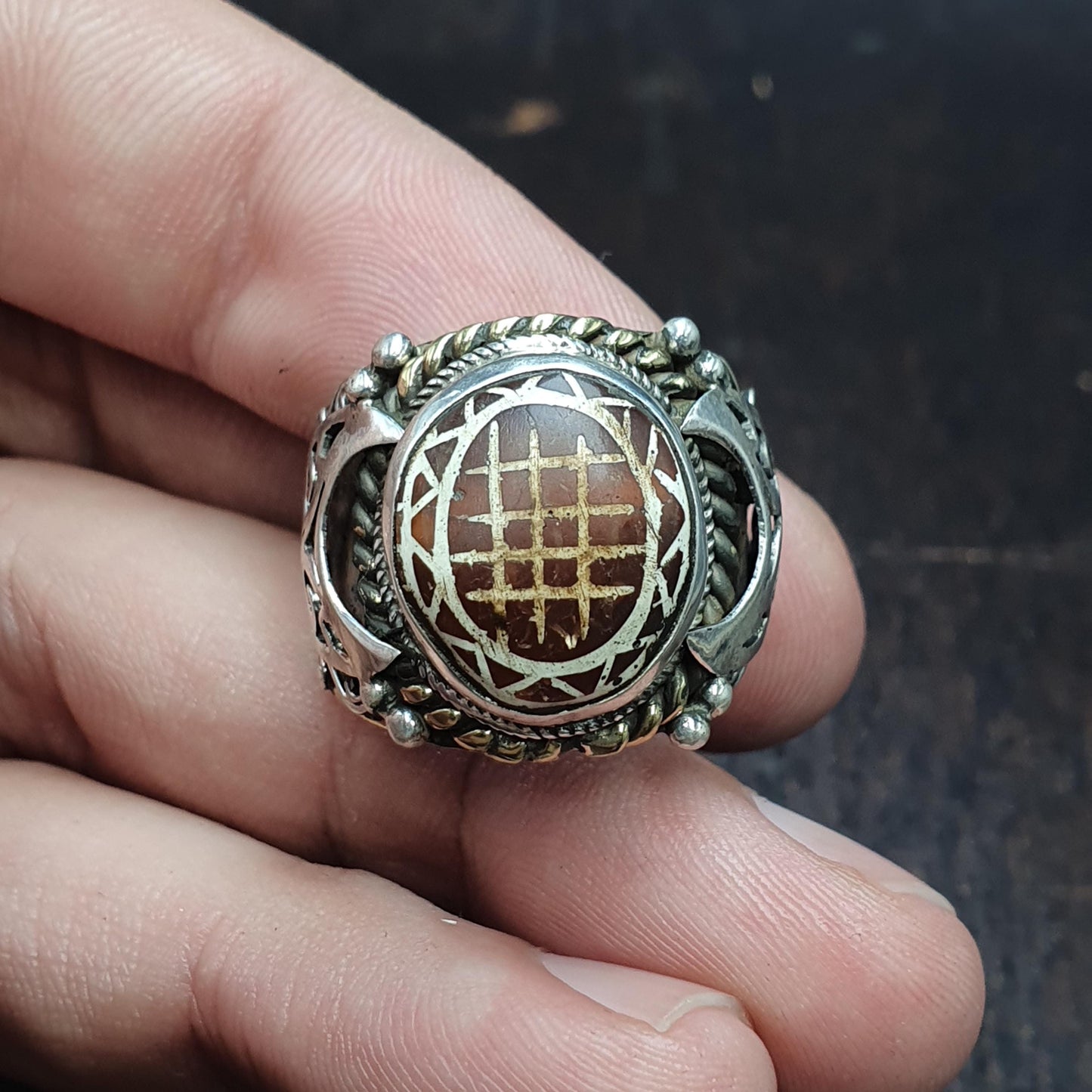 Antique tibetan etched agate Carnelian stone silver inlay gold plated brass ring Gift