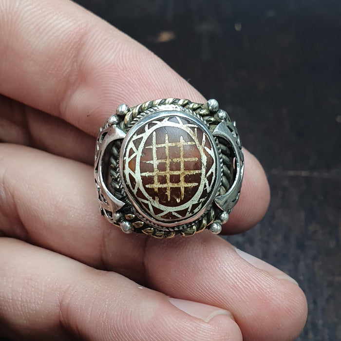 Antique tibetan etched agate Carnelian stone silver inlay gold plated brass ring Gift