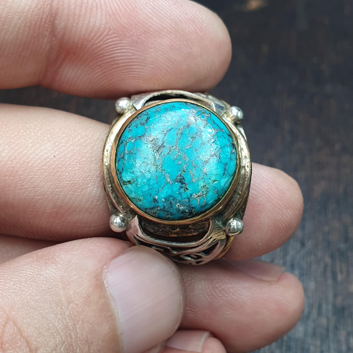 Silver Inlay brass Ring With Tibetan Turquoise Center Stone Gold Plated Brass