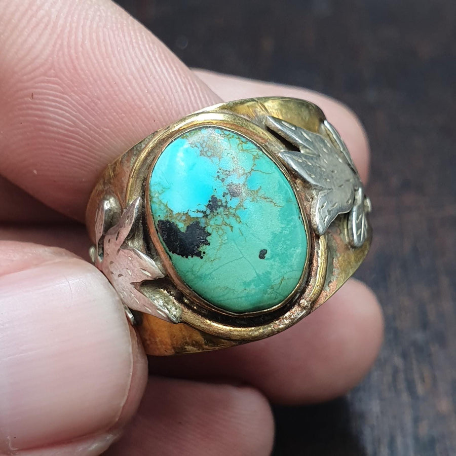 Silver Inlay Brass Ring with Arizona Turquoise Center Stone Gold Plated Brass