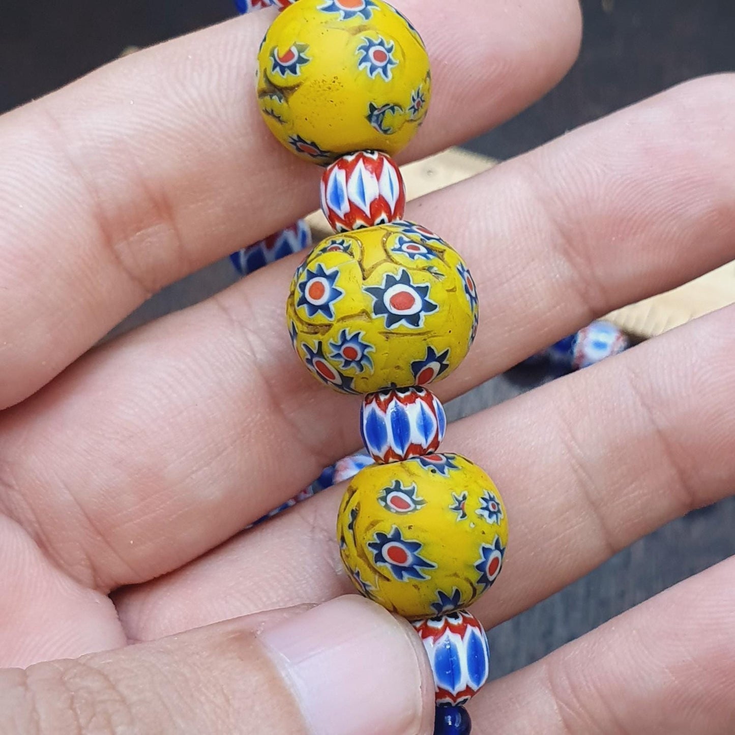 Blue Chevron Glass Bead Necklace, Yellow Floral Pendant