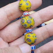 Blue Chevron Glass Bead Necklace, Yellow Floral Pendant