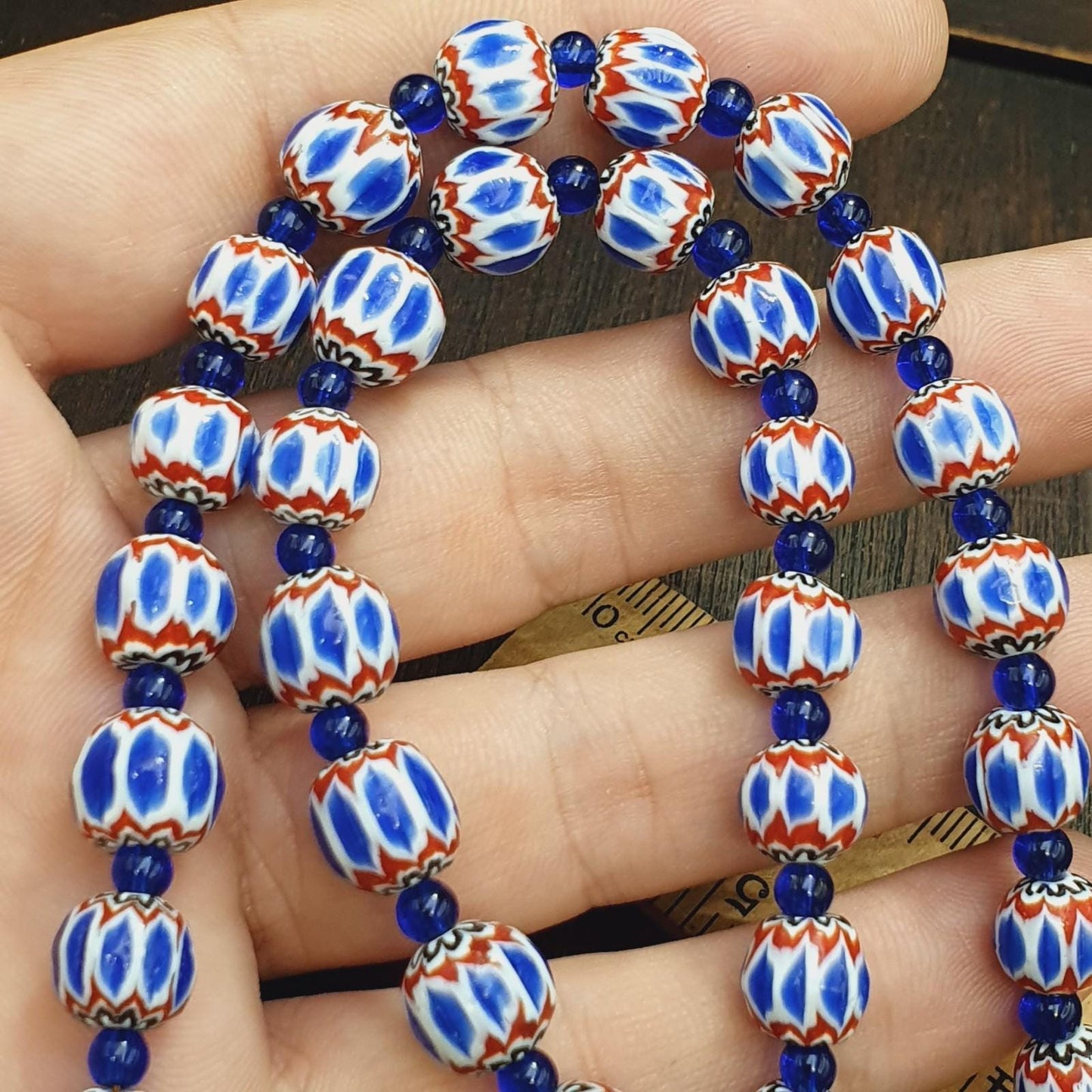 Blue Chevron Glass Bead Necklace, Yellow Floral Pendant