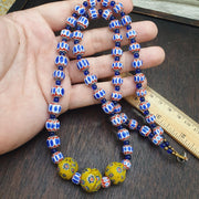 Blue Chevron Glass Bead Necklace, Yellow Floral Pendant