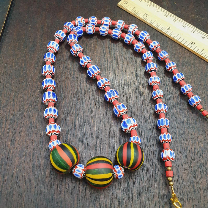 Blue Chevron Glass Beaded Necklace, Multi-Layer Strand