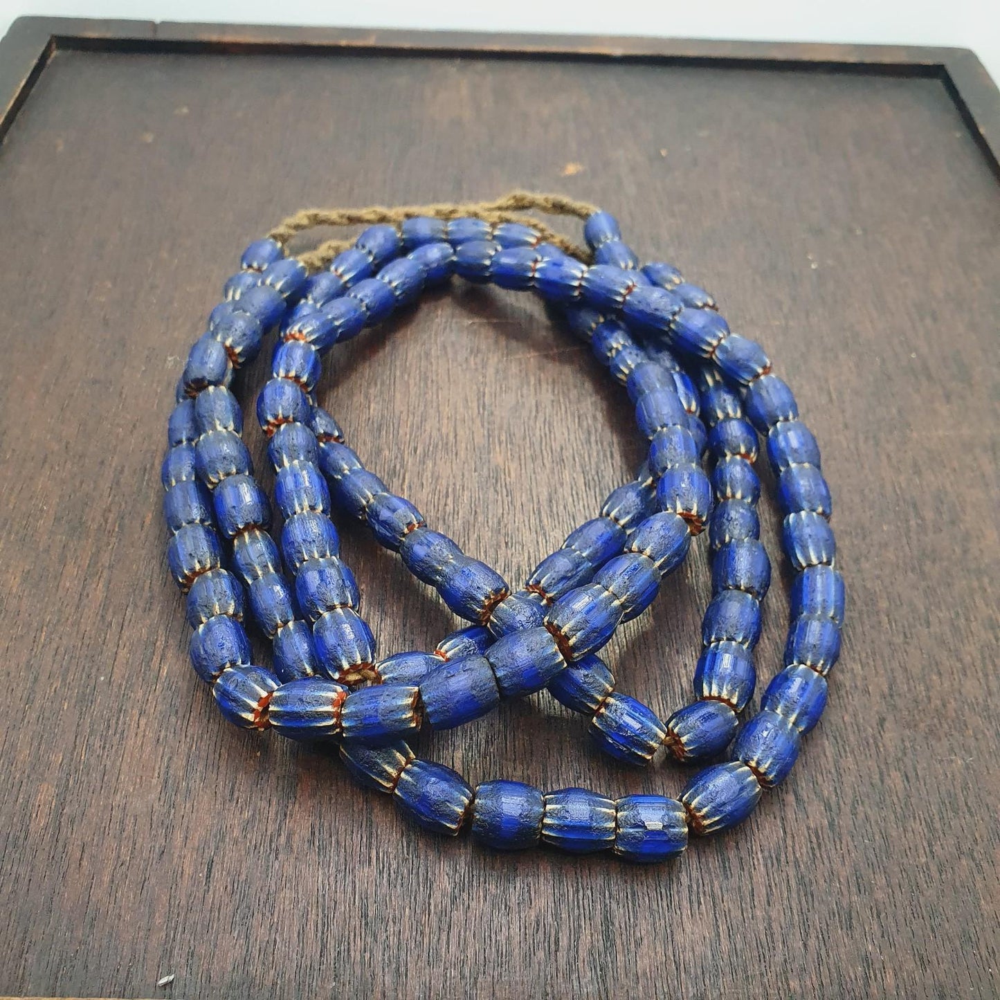 Vintage Blue Chevron Beads Necklace, Old African Glass (24 inch)