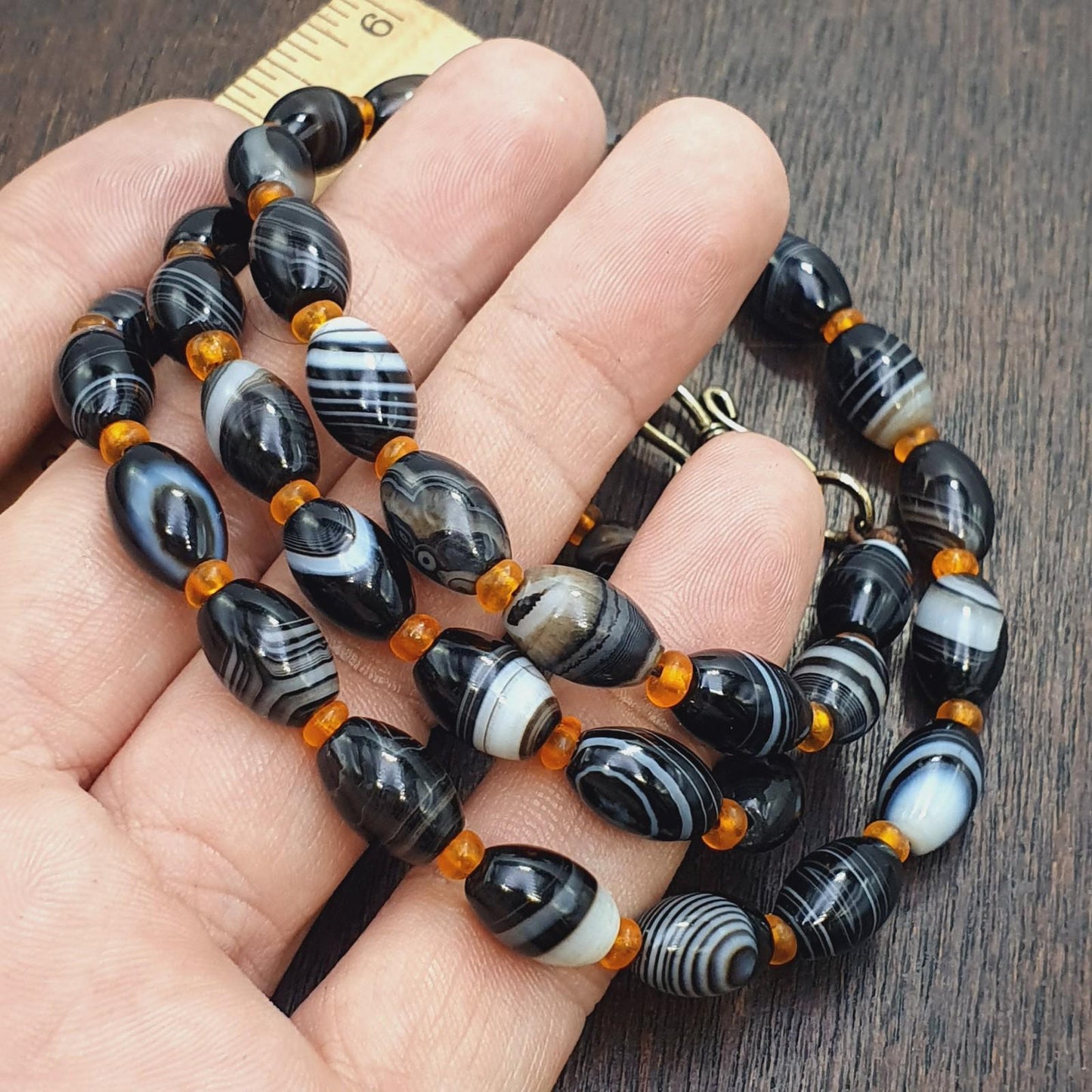 Banded Agate Necklace, Goat Eye Agate, Vintage Style 22"