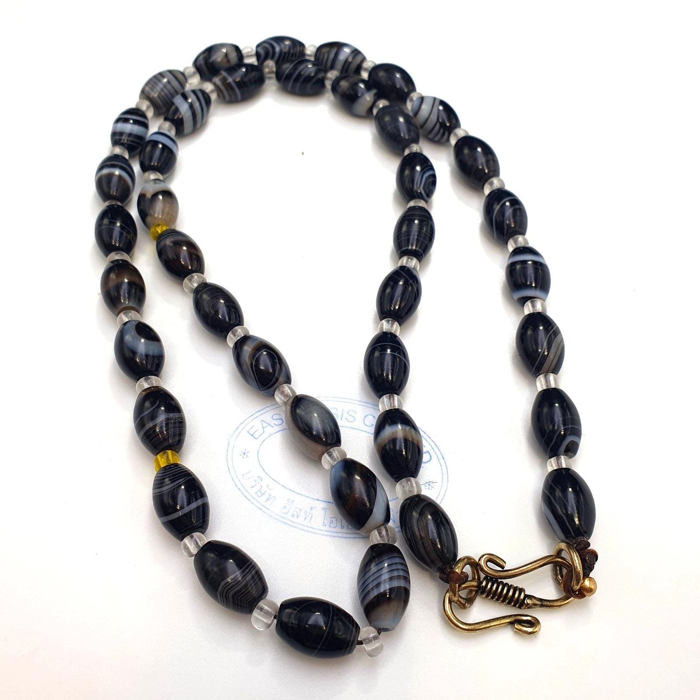 Vintage Black & White Banded Agate Bead Necklace, Brass Clasp