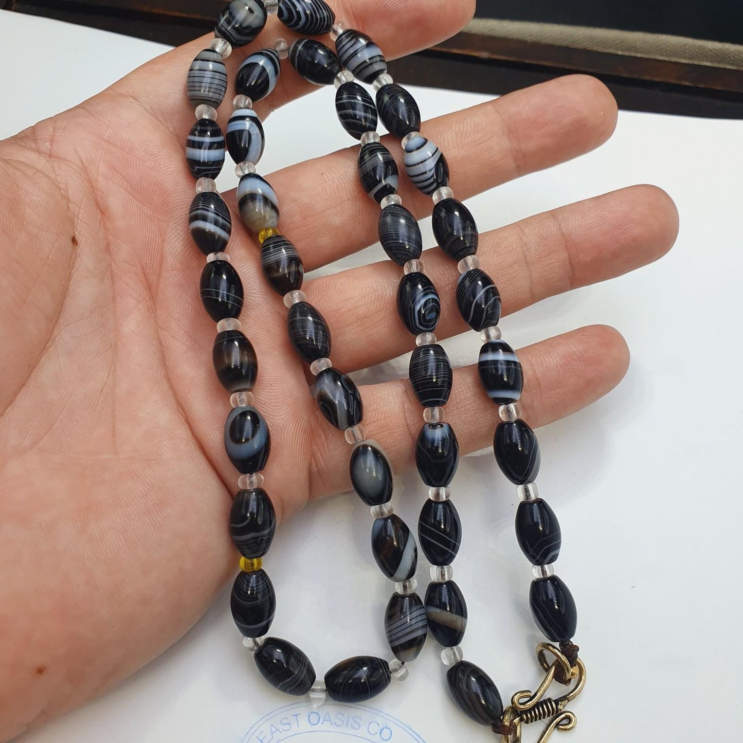 Vintage Black & White Banded Agate Bead Necklace, Brass Clasp