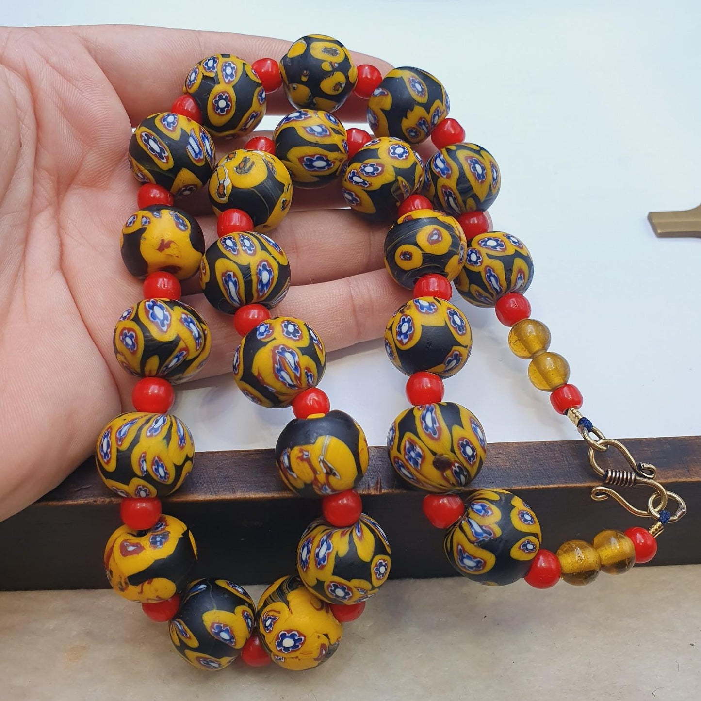 Vintage African Style Chevron Glass Bead Necklace, 22 Inch