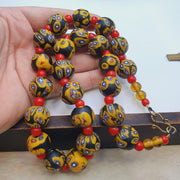 Vintage African Style Chevron Glass Bead Necklace, 22 Inch