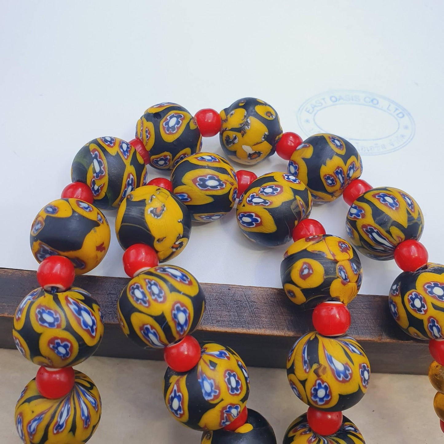 Vintage African Style Chevron Glass Bead Necklace, 22 Inch