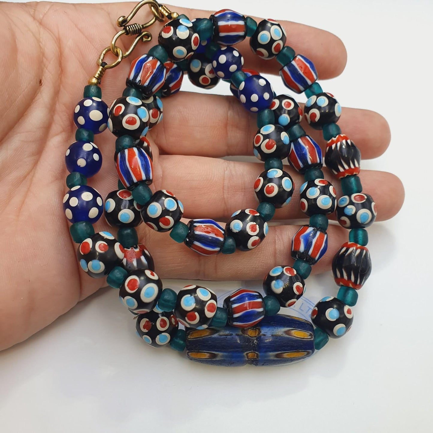 Vintage chevron venetian style skunk polka dot glass beads necklace oc-1