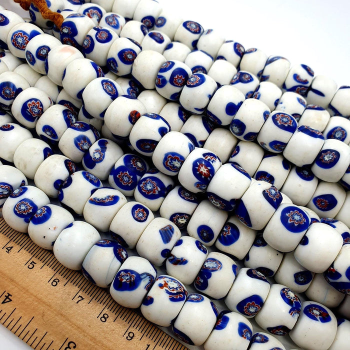 East Oasis Vintage Venetian Style Floral Millefiori Beads White Blue Starburst