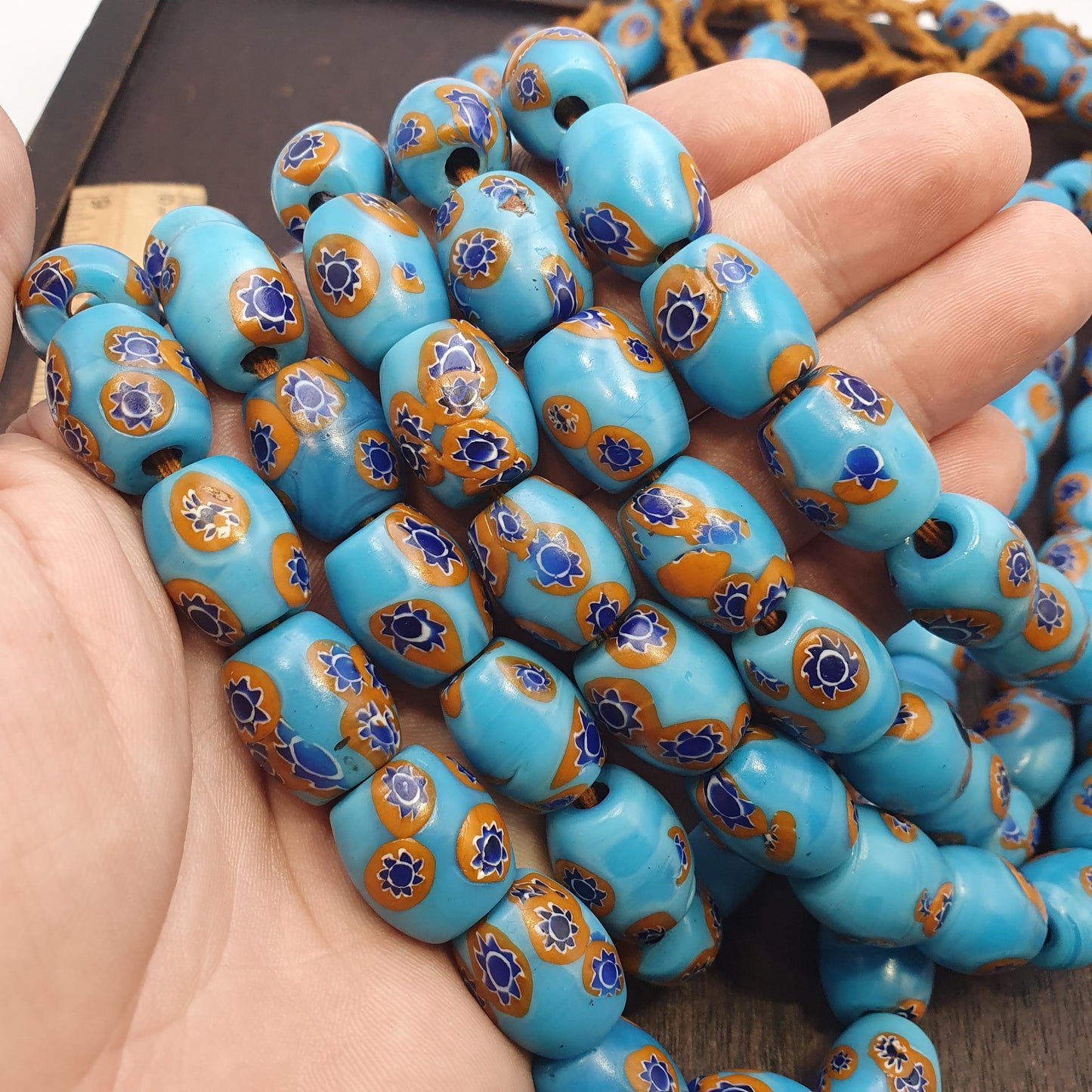 Vintage venetian style millefiori beads - deep blue floral mosaic strand