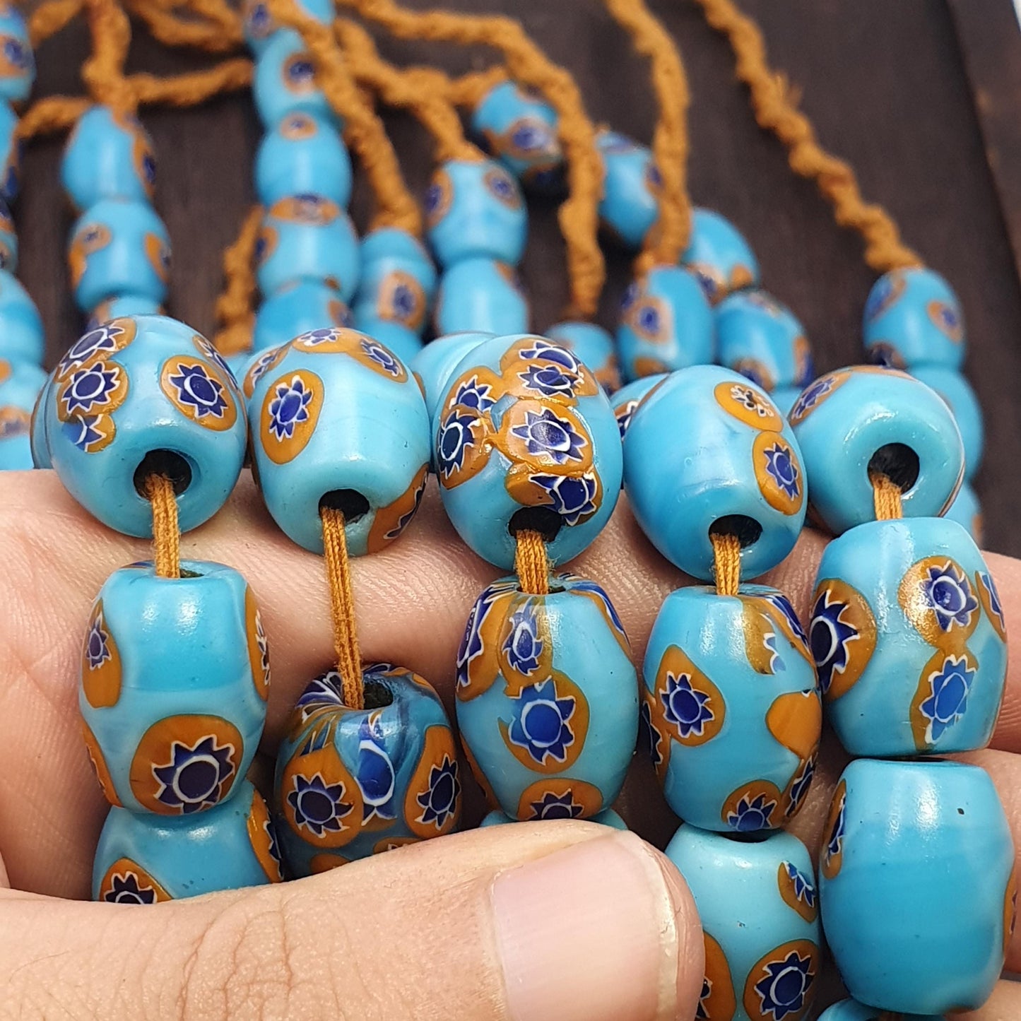 Vintage venetian style millefiori beads - deep blue floral mosaic strand