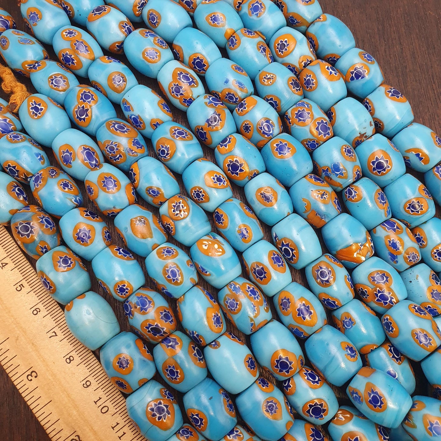 Vintage venetian style millefiori beads - deep blue floral mosaic strand