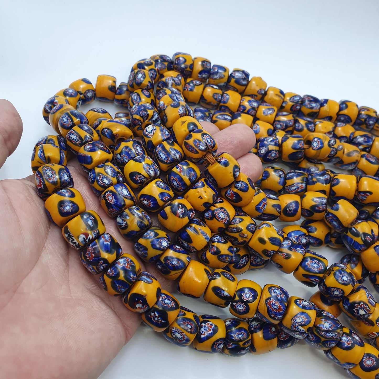 Vintage venetian style floral millefiori beads bold yellow with intricate motifs